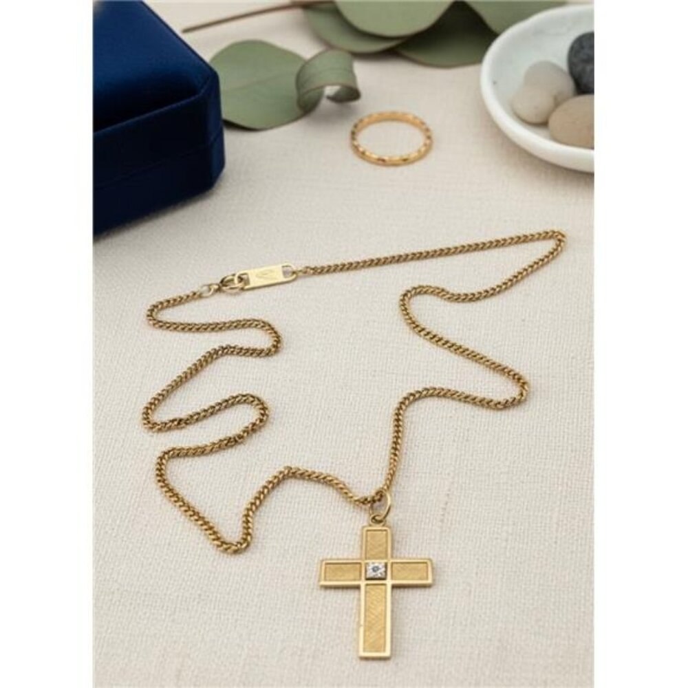 Vintage Artisan 12K Gold Filled Cross Necklace Diamond Accent 20in Curb Chain